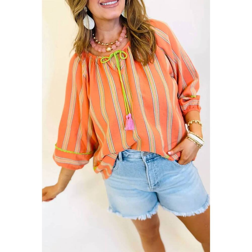 NEW LA SOCIETY striped fringe tie neck blouse in sherbet